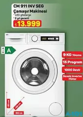 SEG CM 911 INV ÇAMAŞIR MAKİNESİ 1000 DEVİR 9 KG fiyat ve kampanya bilgisi